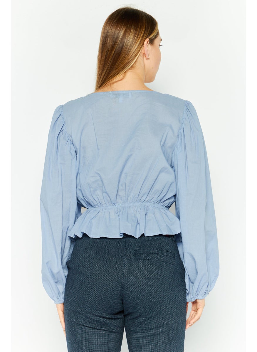 Women Square Neck Puff Sleeve Plain Top, Indigo Blue