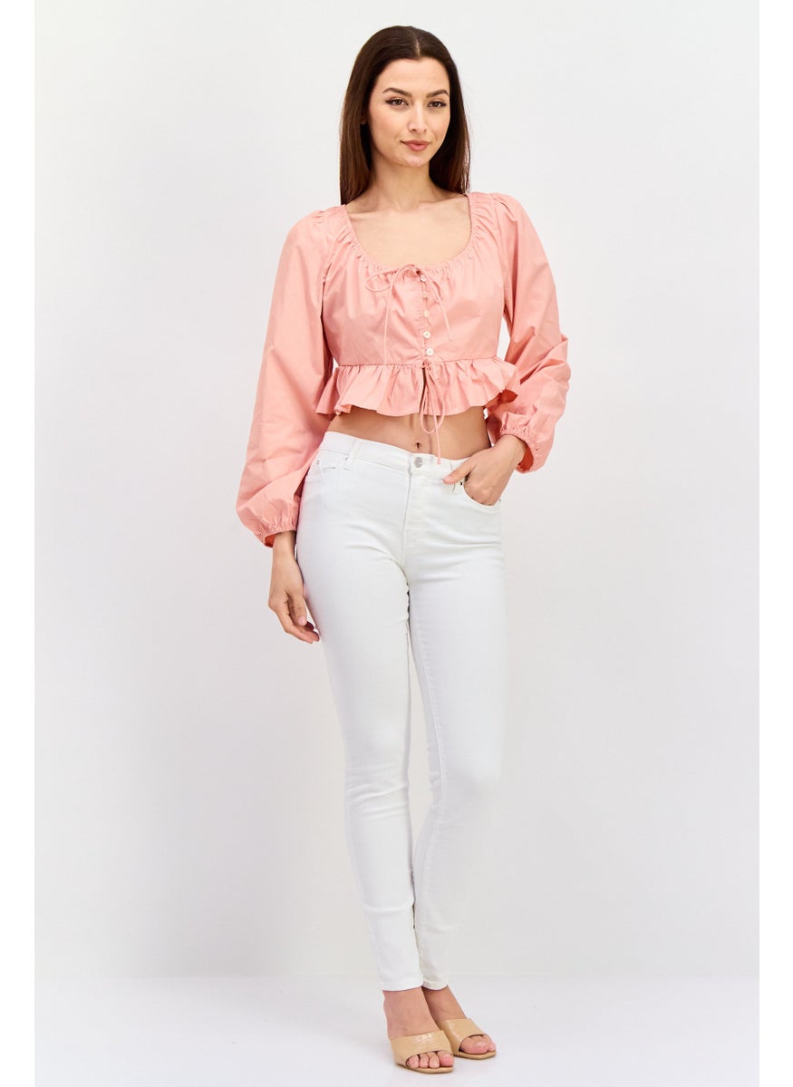 Women Tie Neck Long Sleeve Plain Crop Top, Pink