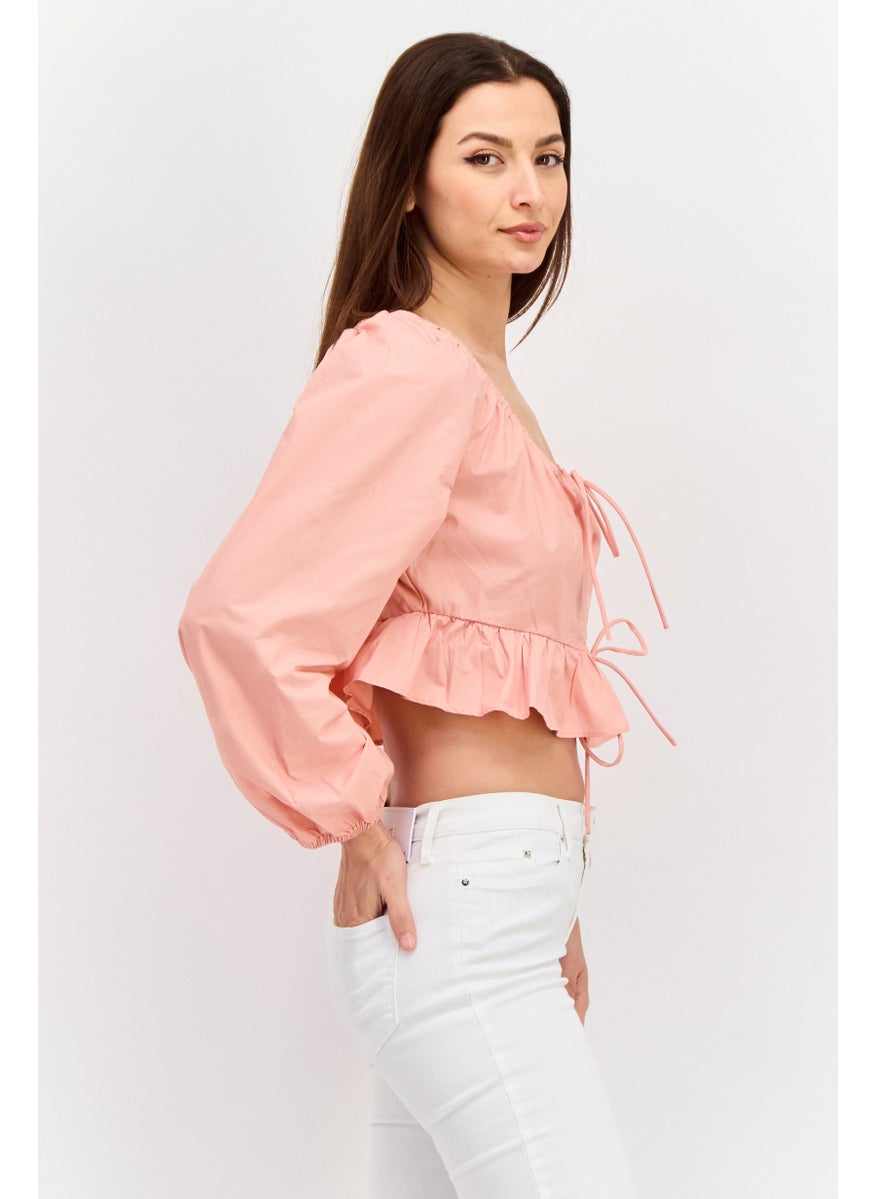 Women Tie Neck Long Sleeve Plain Crop Top, Pink