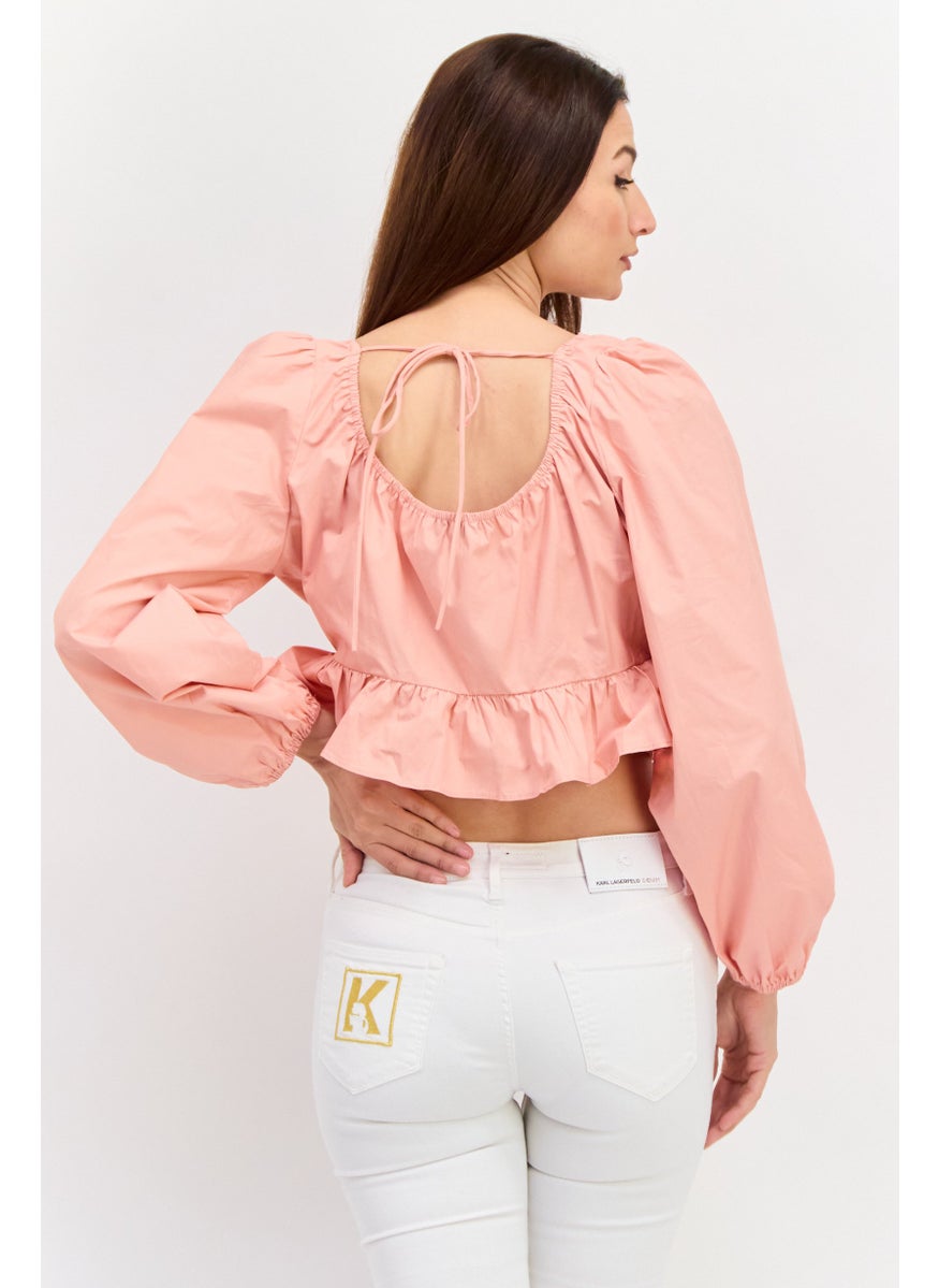 Women Tie Neck Long Sleeve Plain Crop Top, Pink