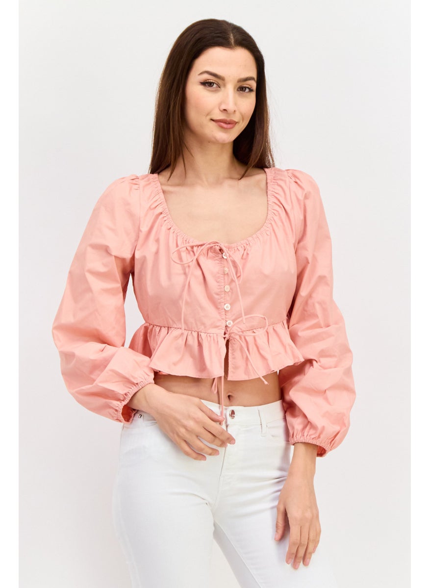 Women Tie Neck Long Sleeve Plain Crop Top, Pink