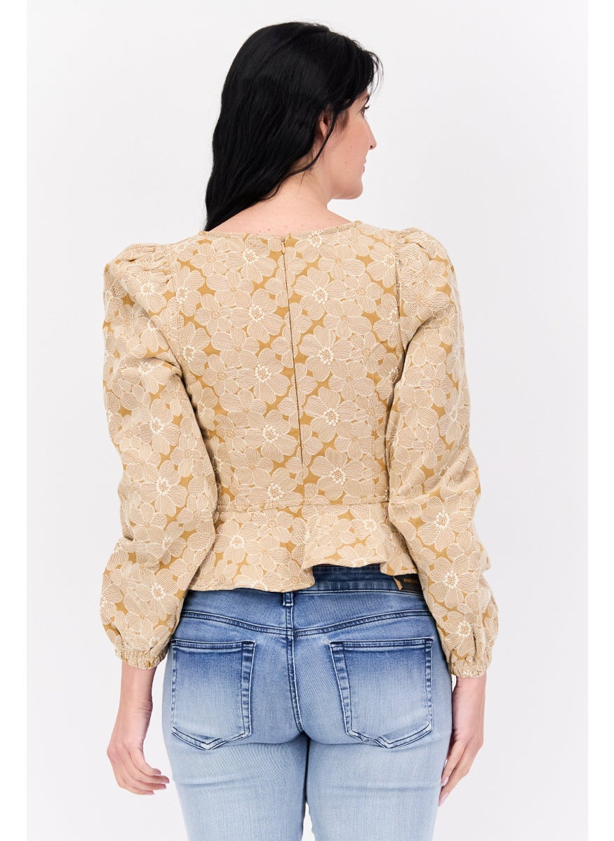 Women Square Neck Long Sleeves Floral Print Blouse, Tan