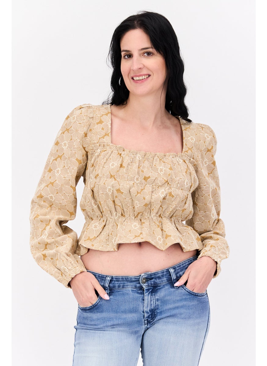 Women Square Neck Long Sleeves Floral Print Blouse, Tan