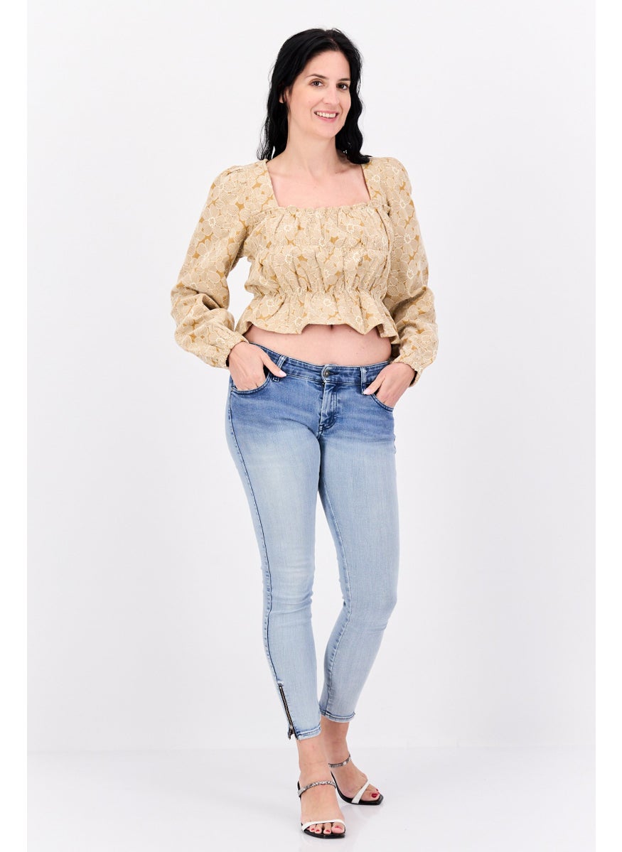 Women Square Neck Long Sleeves Floral Print Blouse, Tan