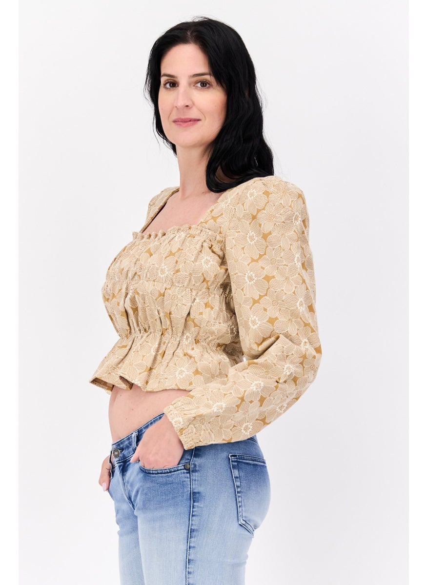Women Square Neck Long Sleeves Floral Print Blouse, Tan