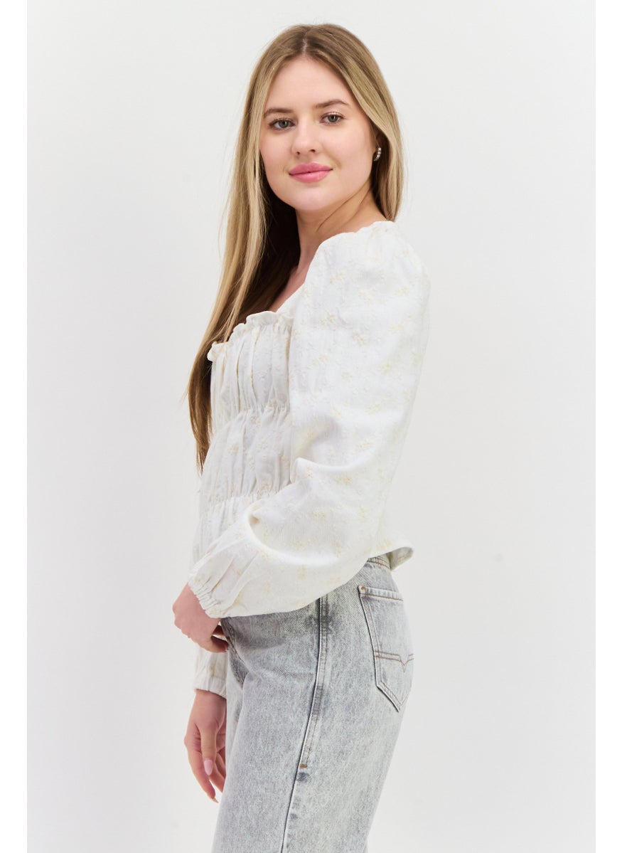 Women Square Neck Long Sleeve Embroidered Blouse, Off White