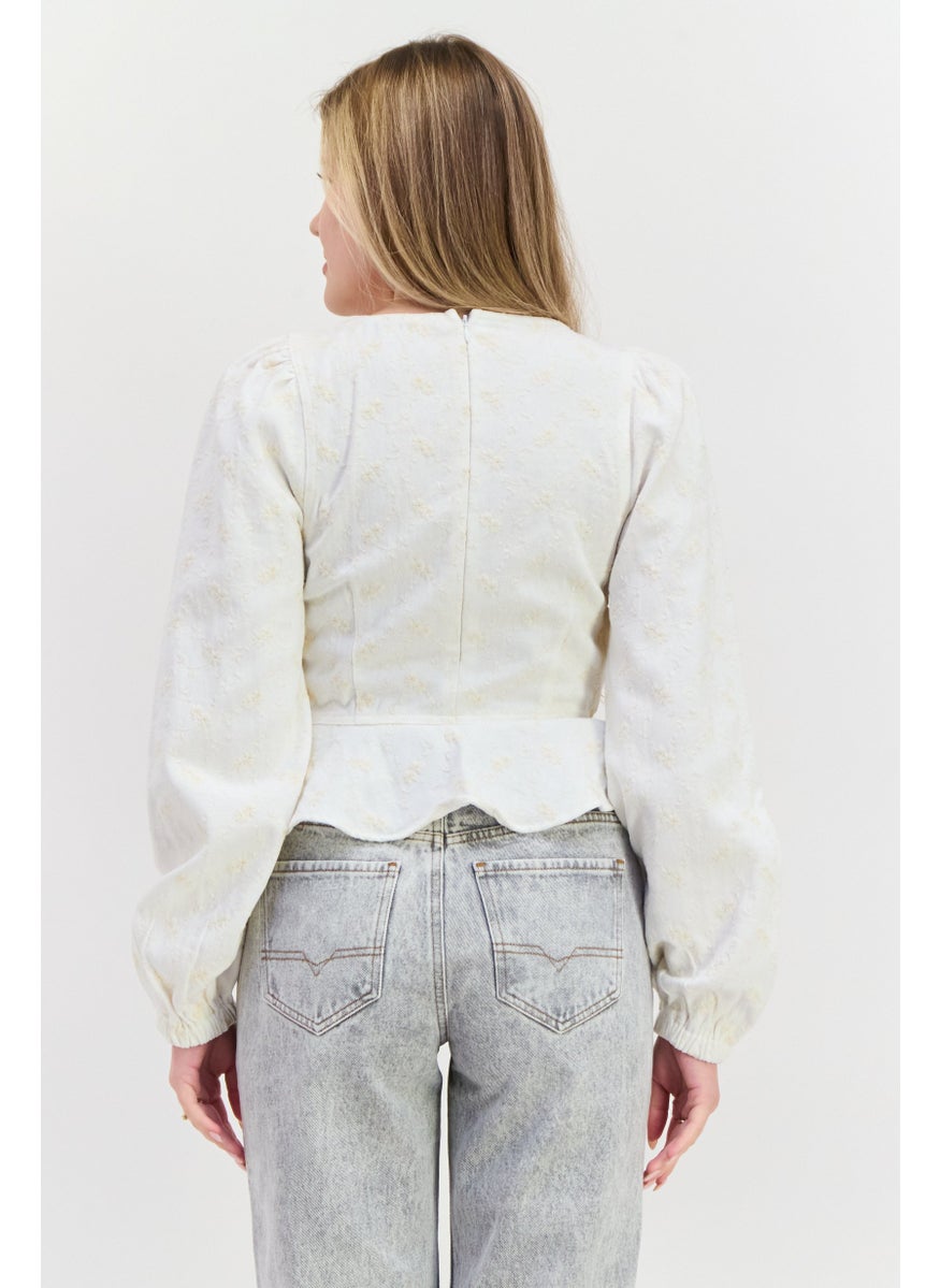 Women Square Neck Long Sleeve Embroidered Blouse, Off White