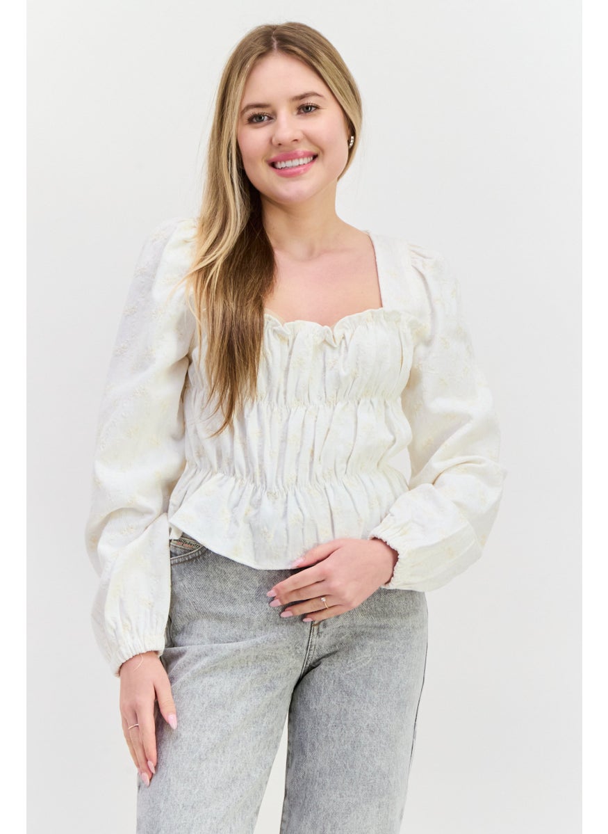 Women Square Neck Long Sleeve Embroidered Blouse, Off White