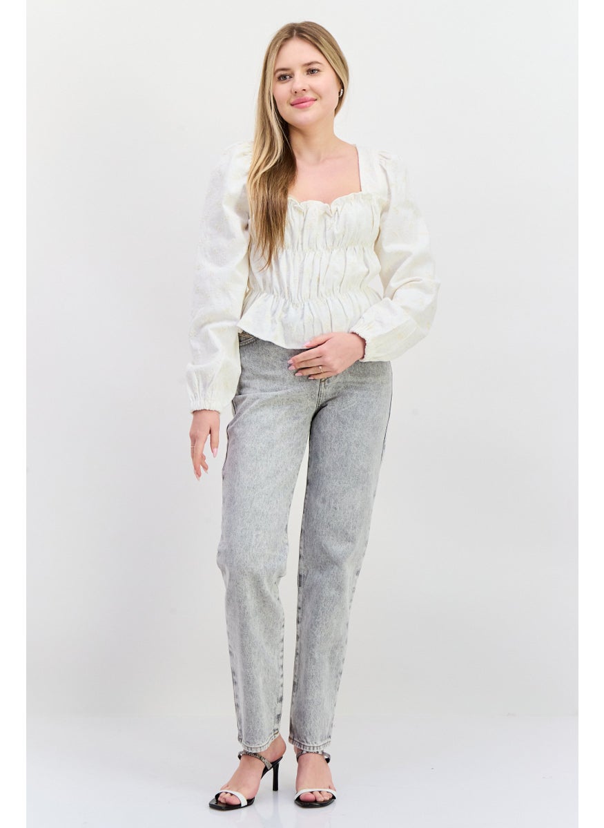 Women Square Neck Long Sleeve Embroidered Blouse, Off White