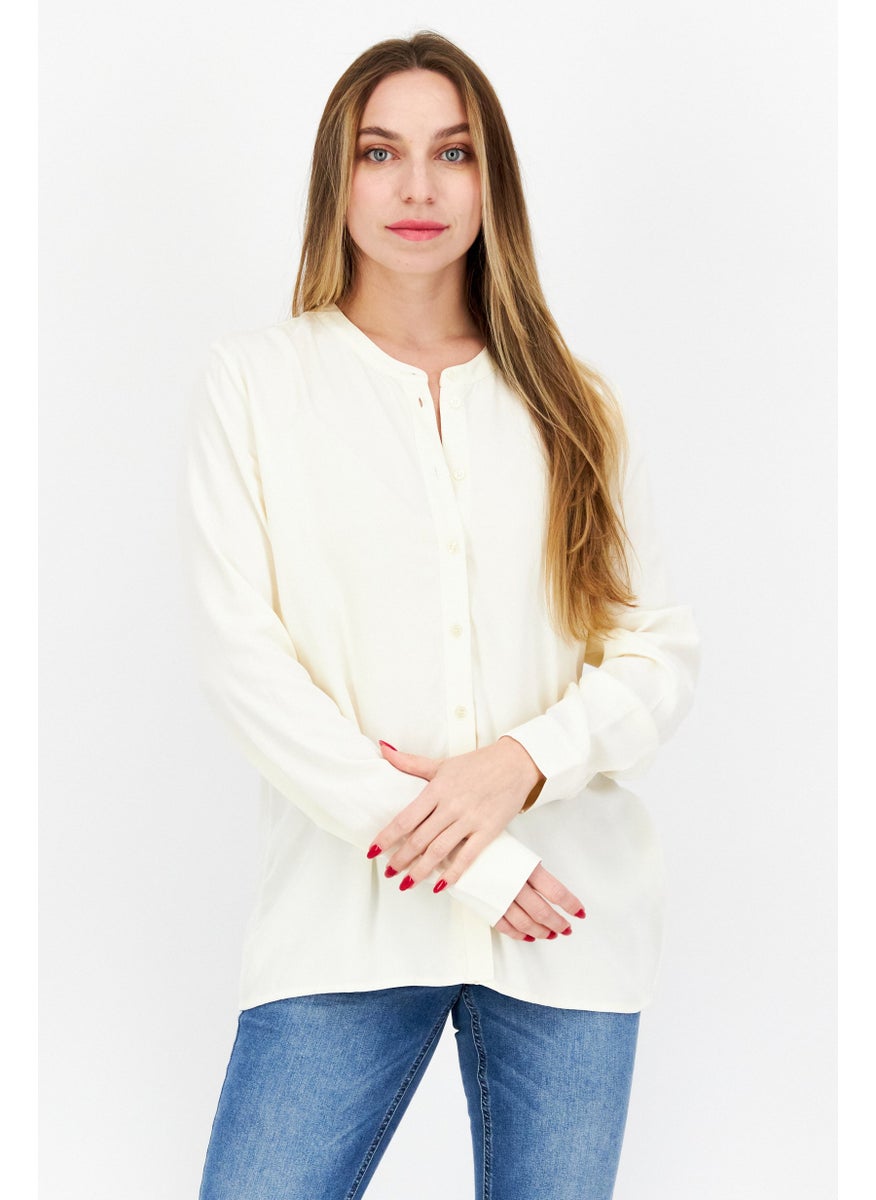 Women Band Collar Long Sleeve Solid Top, Beige