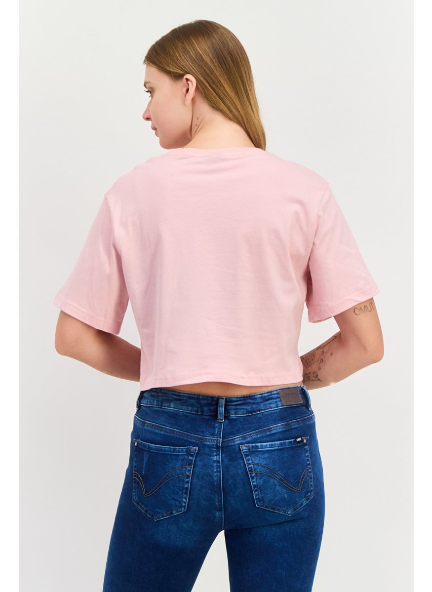 Women Round Neck Short Sleeve Brand Logo Top, Pink