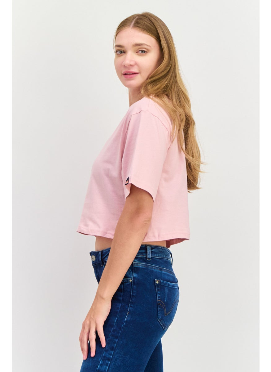Women Round Neck Short Sleeve Brand Logo Top, Pink