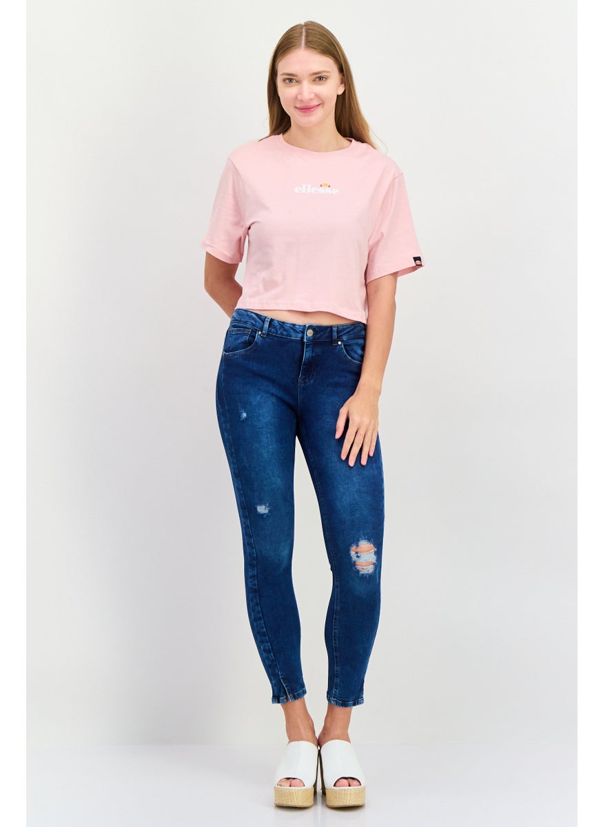 Women Round Neck Short Sleeve Brand Logo Top, Pink