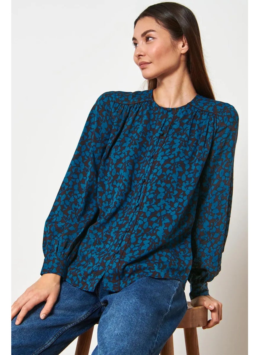 Women Round Neck Long Sleeve Allover Print Blouse, Blue