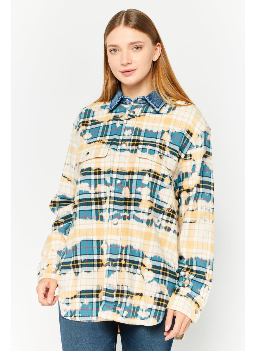 Women Spread Collar Long Sleeves Plaid Casual Shirt, Blue