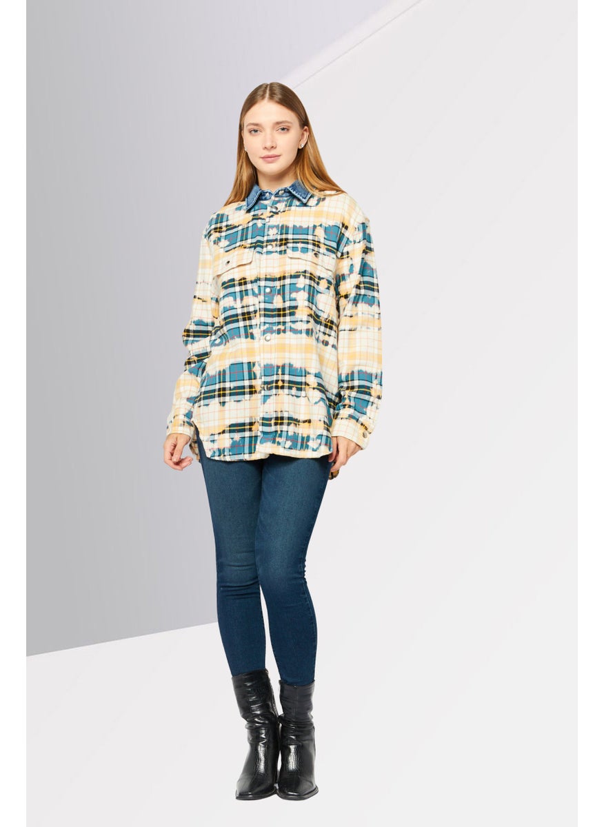 Women Spread Collar Long Sleeves Plaid Casual Shirt, Blue
