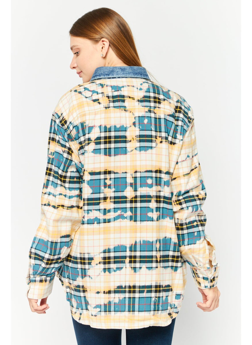 Women Spread Collar Long Sleeves Plaid Casual Shirt, Blue