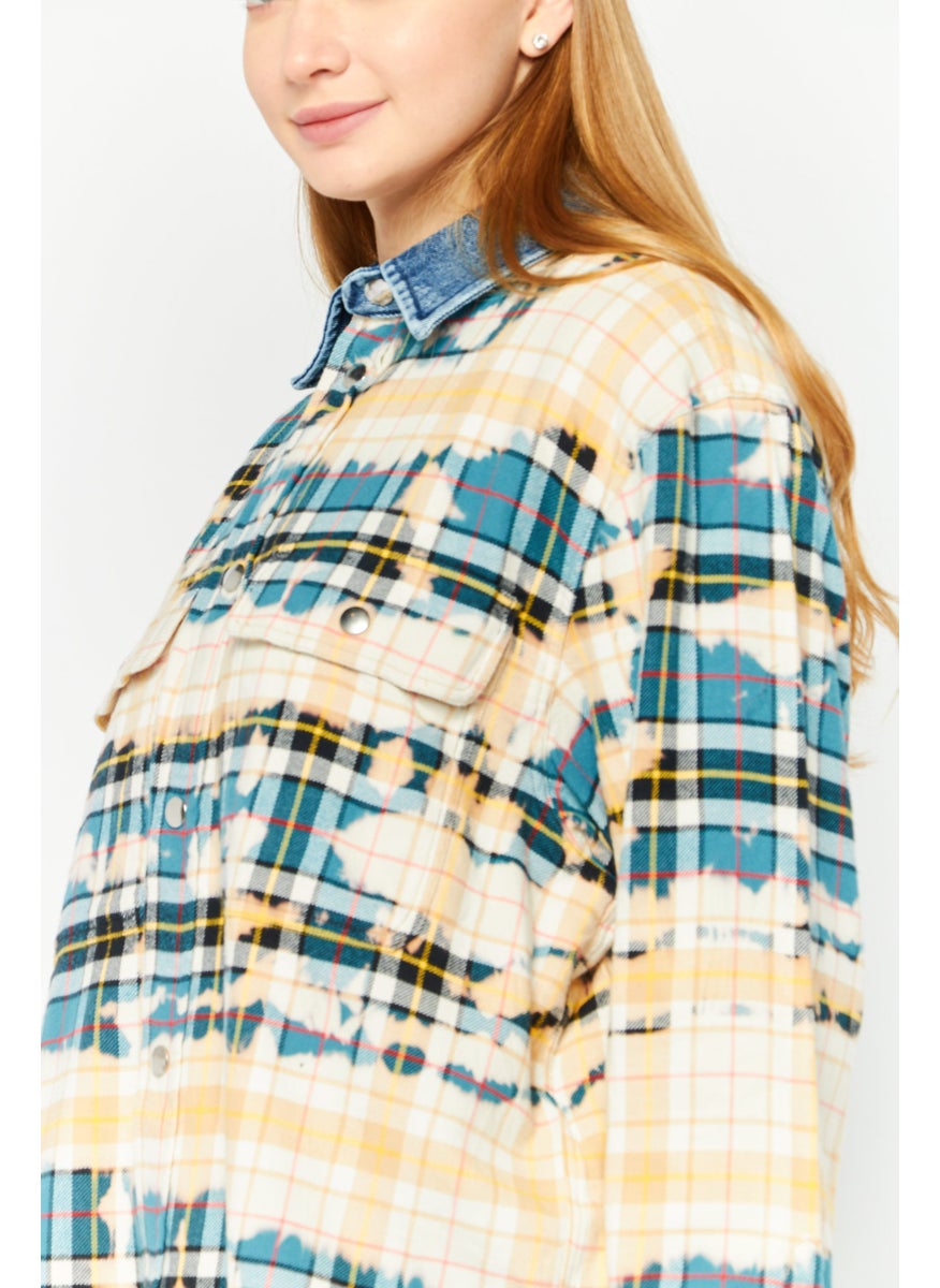 Women Spread Collar Long Sleeves Plaid Casual Shirt, Blue