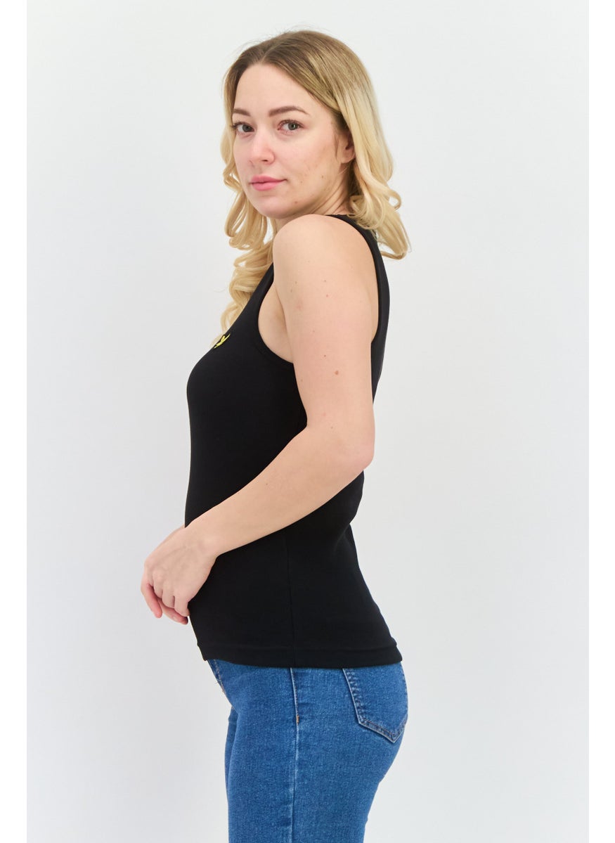 Women Round Neck Sleeveless Embroidered Logo Tank Top, Black