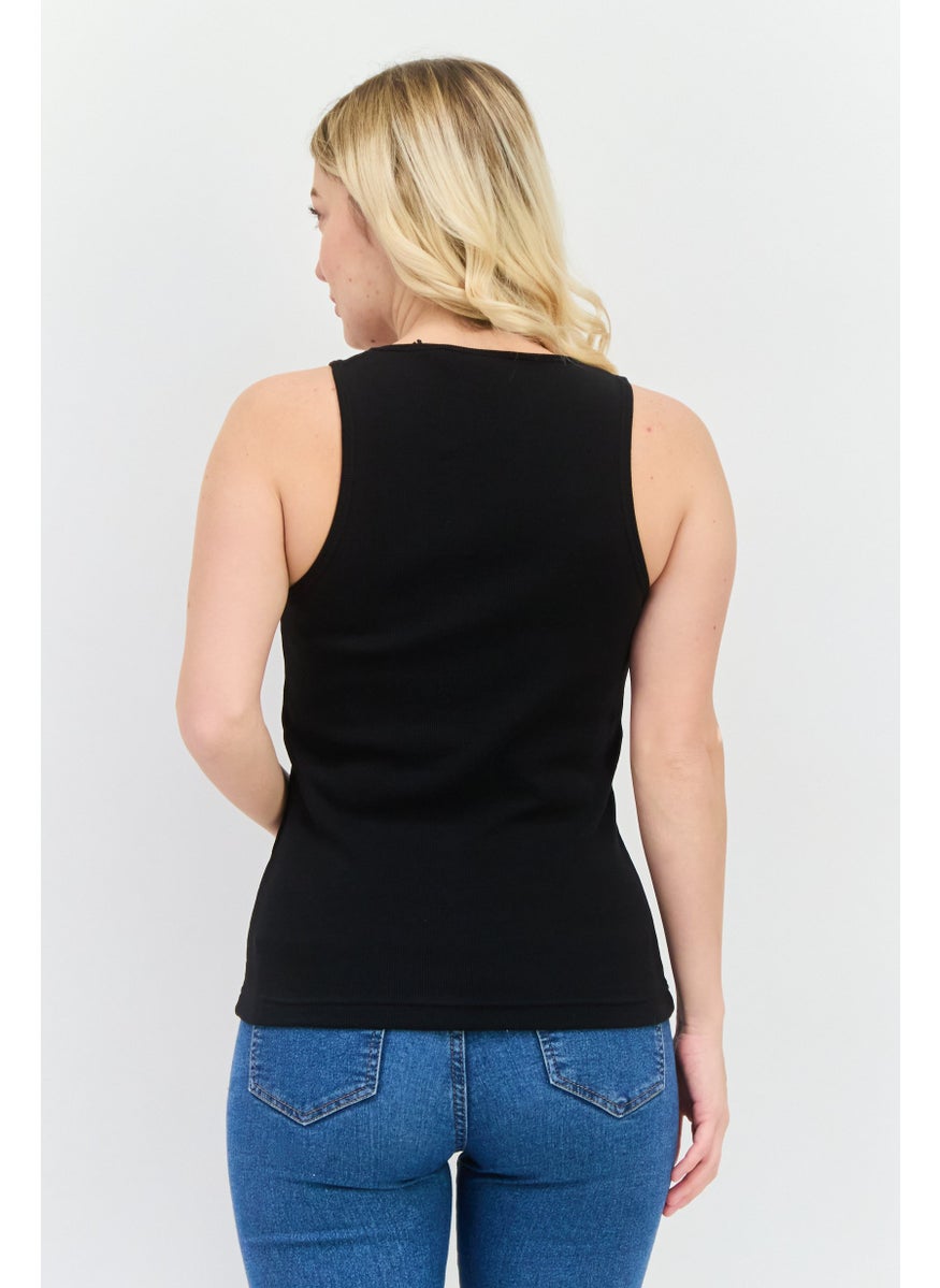 Women Round Neck Sleeveless Embroidered Logo Tank Top, Black