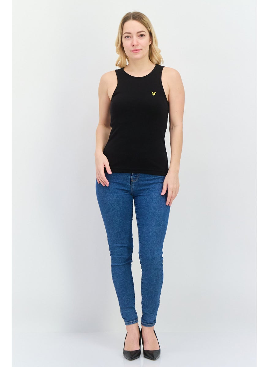 Women Round Neck Sleeveless Embroidered Logo Tank Top, Black