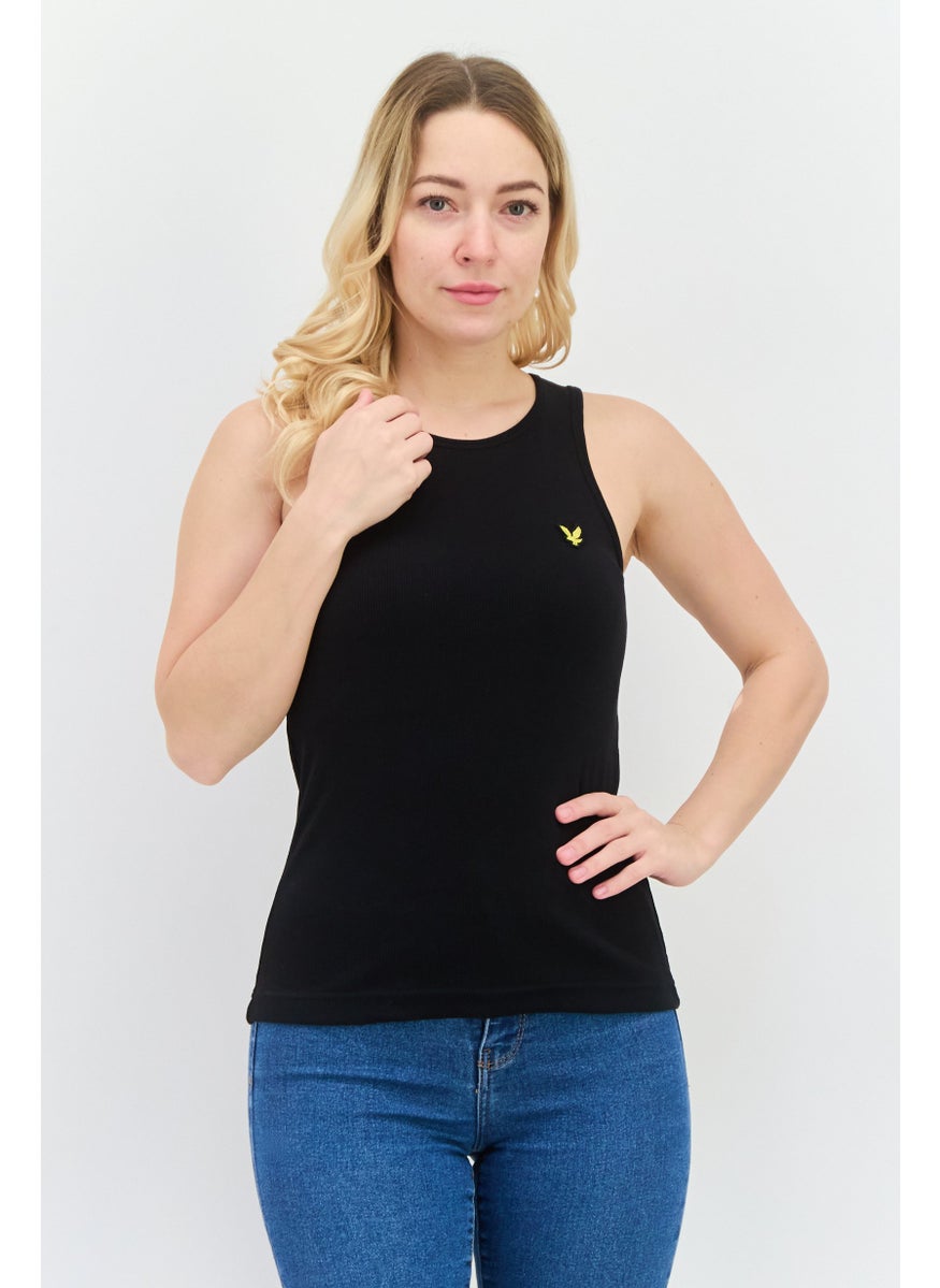Women Round Neck Sleeveless Embroidered Logo Tank Top, Black