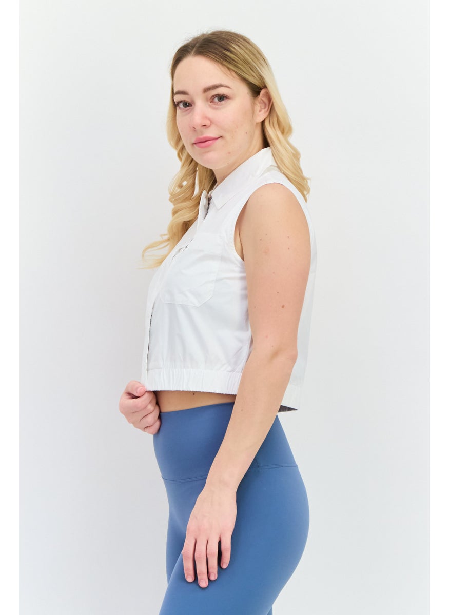 Women Pointed Collar Sleeveless Brand Logo Top, White