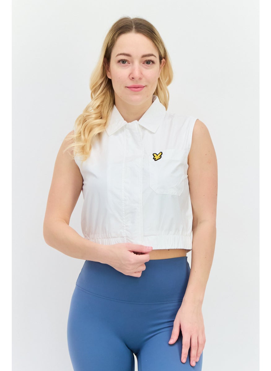 Women Pointed Collar Sleeveless Brand Logo Top, White