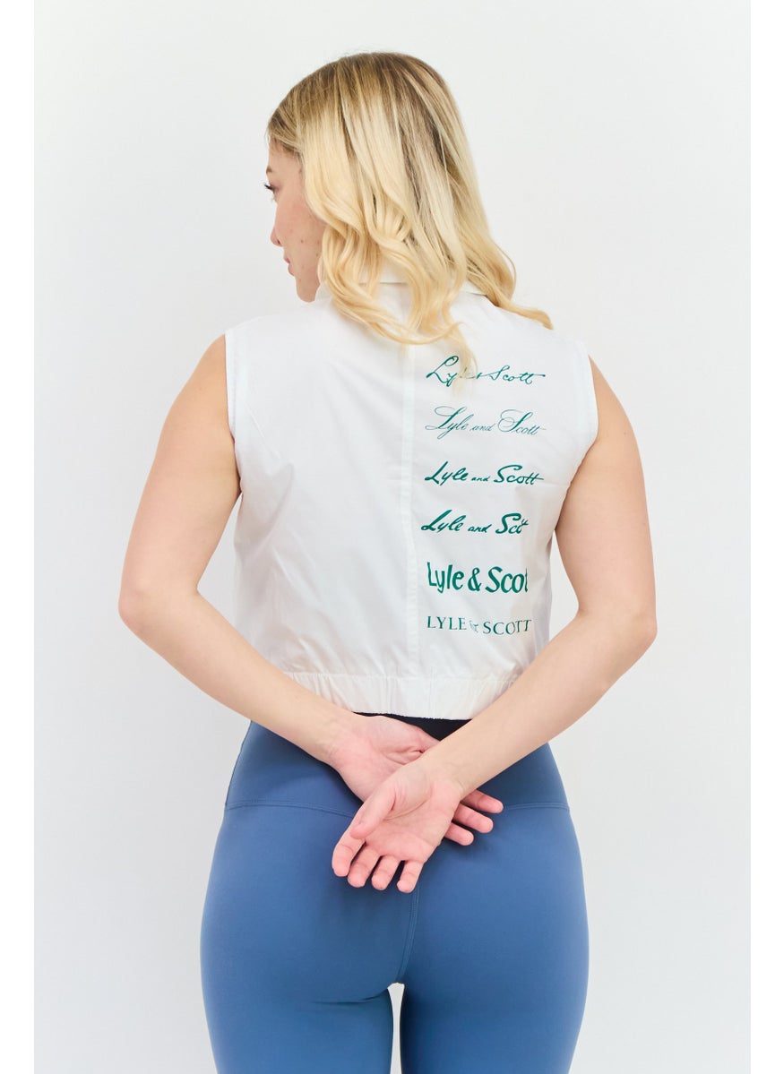 Women Pointed Collar Sleeveless Brand Logo Top, White