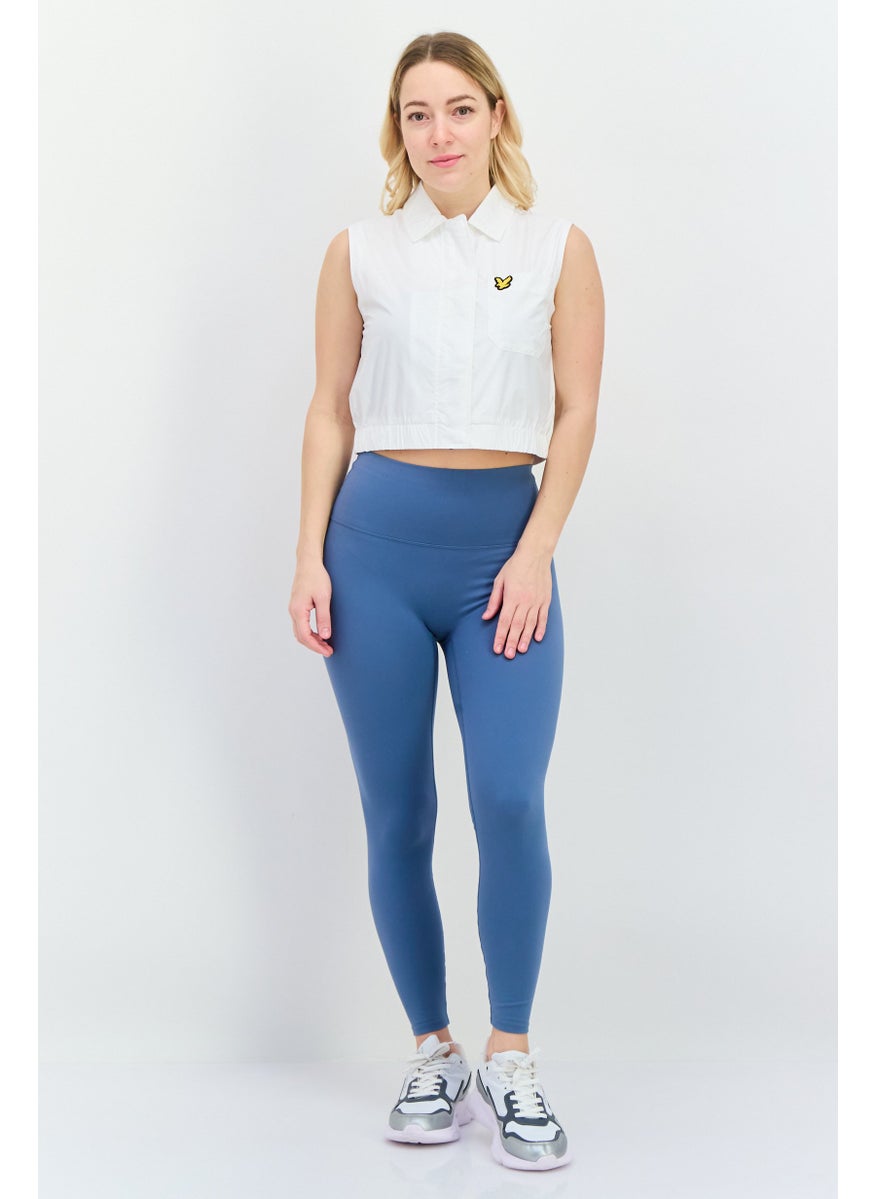 Women Pointed Collar Sleeveless Brand Logo Top, White