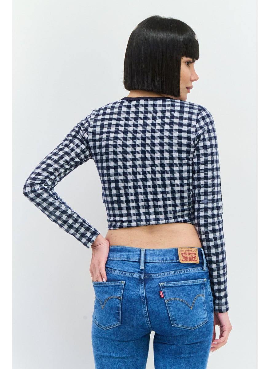 Women Round Neck Long Sleeves Gingham Pattern Blouse, Navy