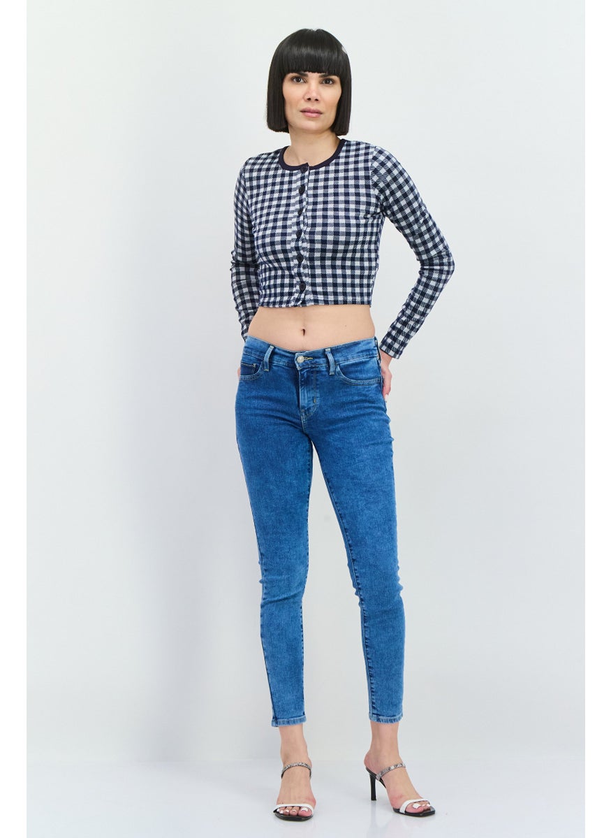 Women Round Neck Long Sleeves Gingham Pattern Blouse, Navy