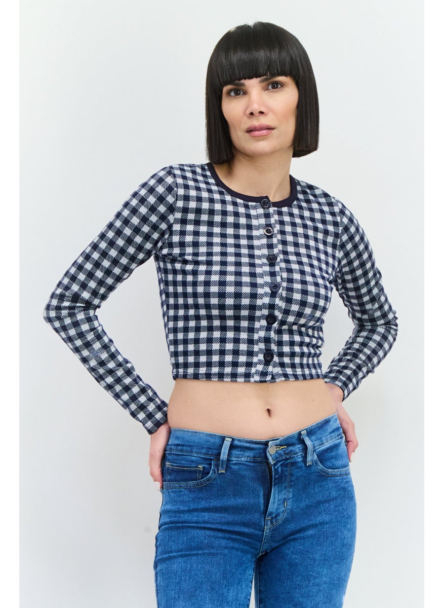 Women Round Neck Long Sleeves Gingham Pattern Blouse, Navy