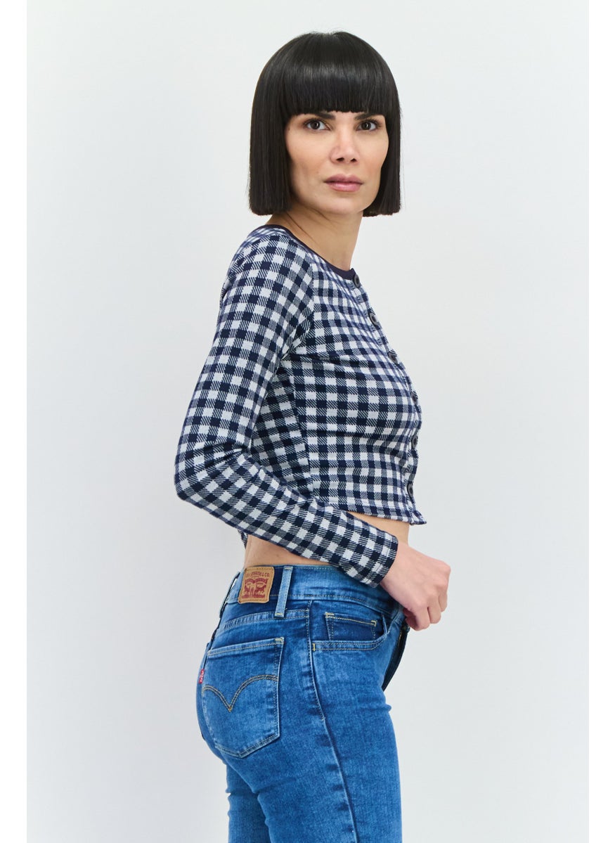 Women Round Neck Long Sleeves Gingham Pattern Blouse, Navy