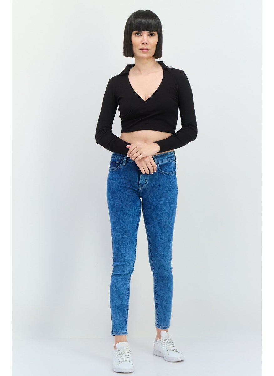 Women Surplice Neck Long Sleeves Textured Crop Top, Black