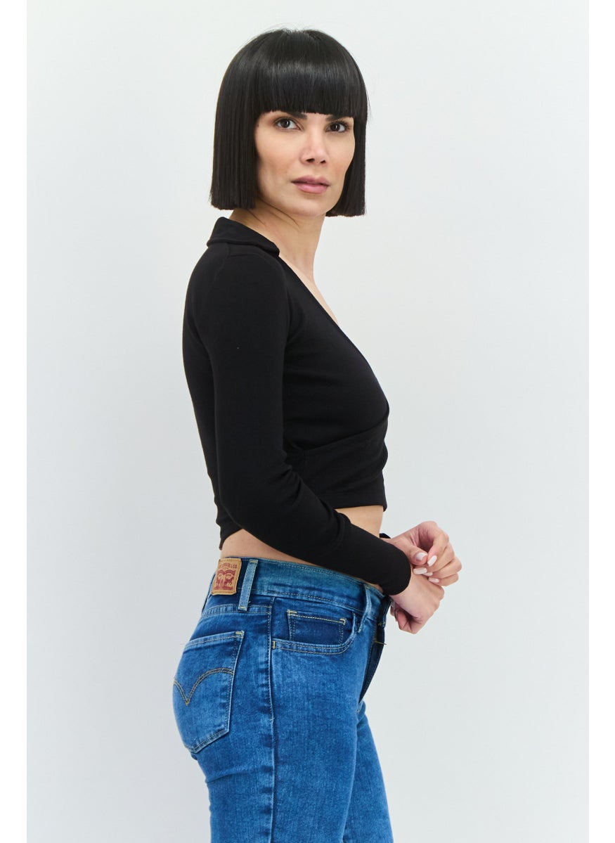 Women Surplice Neck Long Sleeves Textured Crop Top, Black