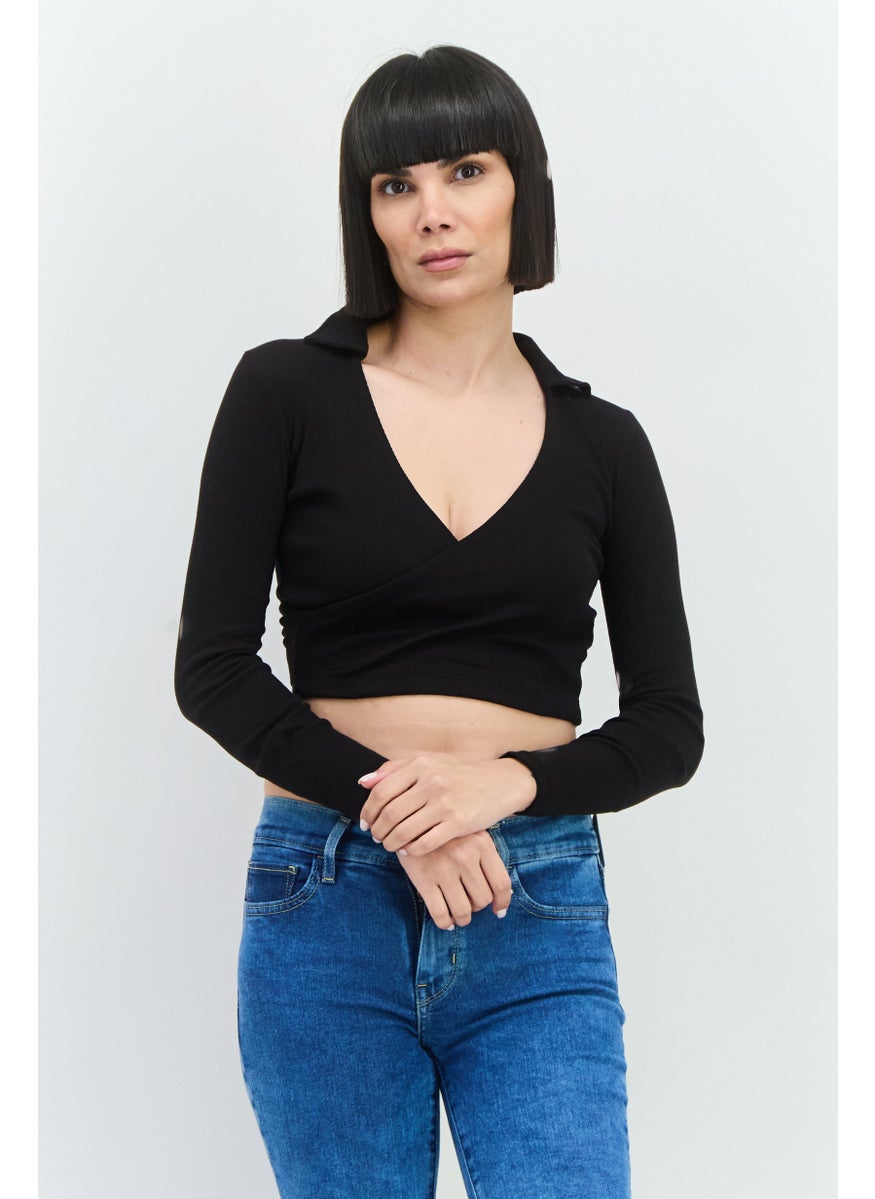 Women Surplice Neck Long Sleeves Textured Crop Top, Black