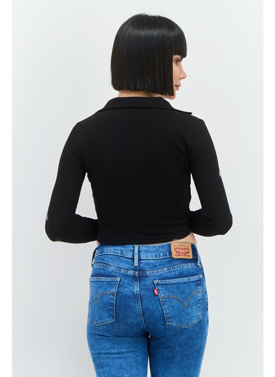 Women Surplice Neck Long Sleeves Textured Crop Top, Black