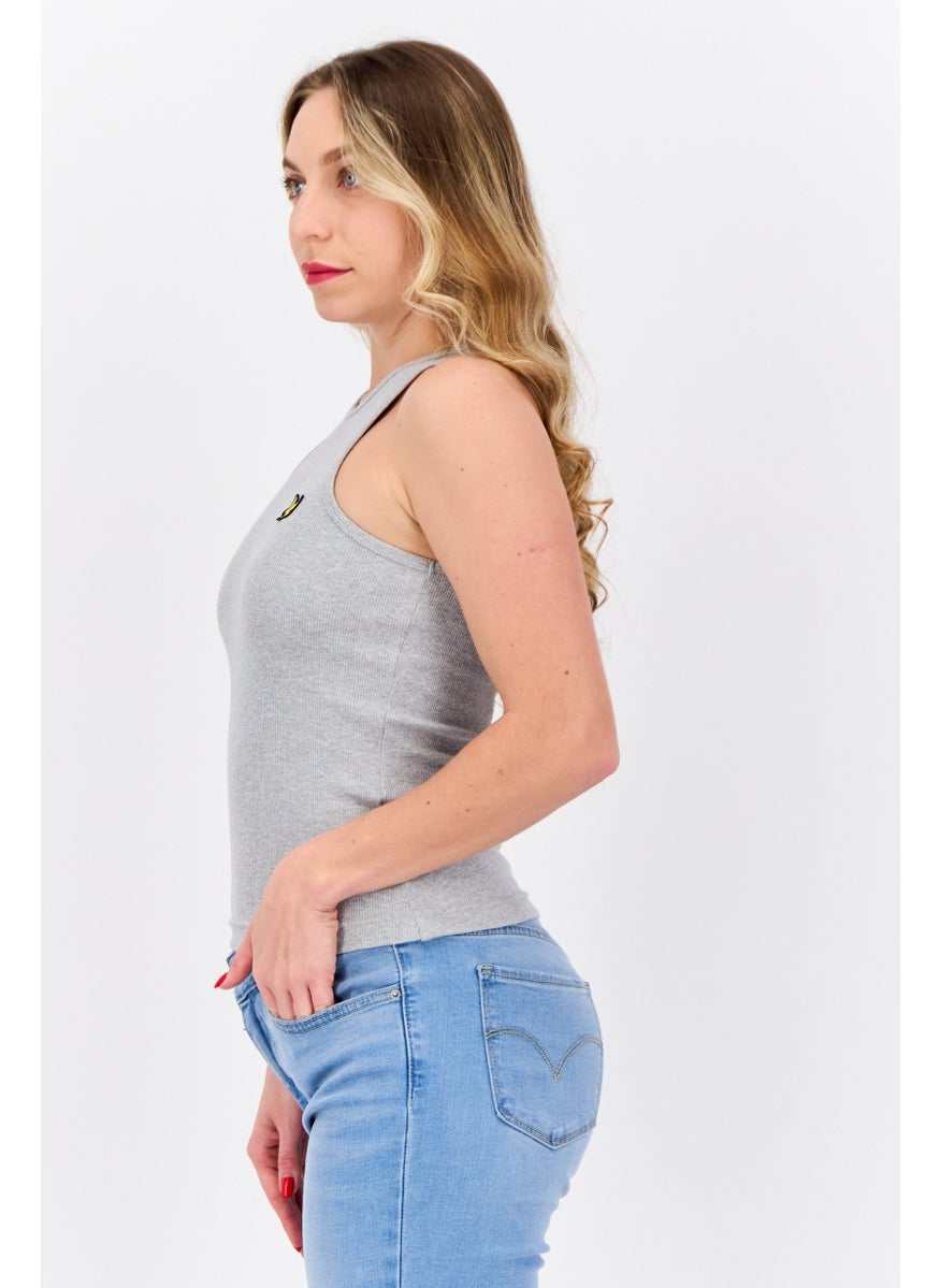 Women Round Neck Sleeveless Embroidered Logo Tank Top, Grey