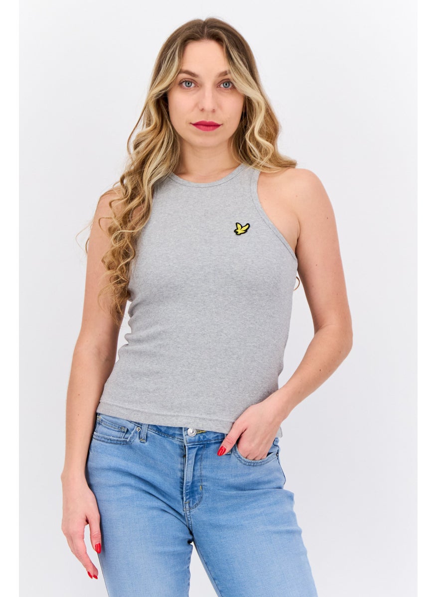 Women Round Neck Sleeveless Embroidered Logo Tank Top, Grey