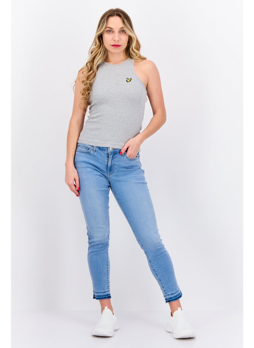 Women Round Neck Sleeveless Embroidered Logo Tank Top, Grey