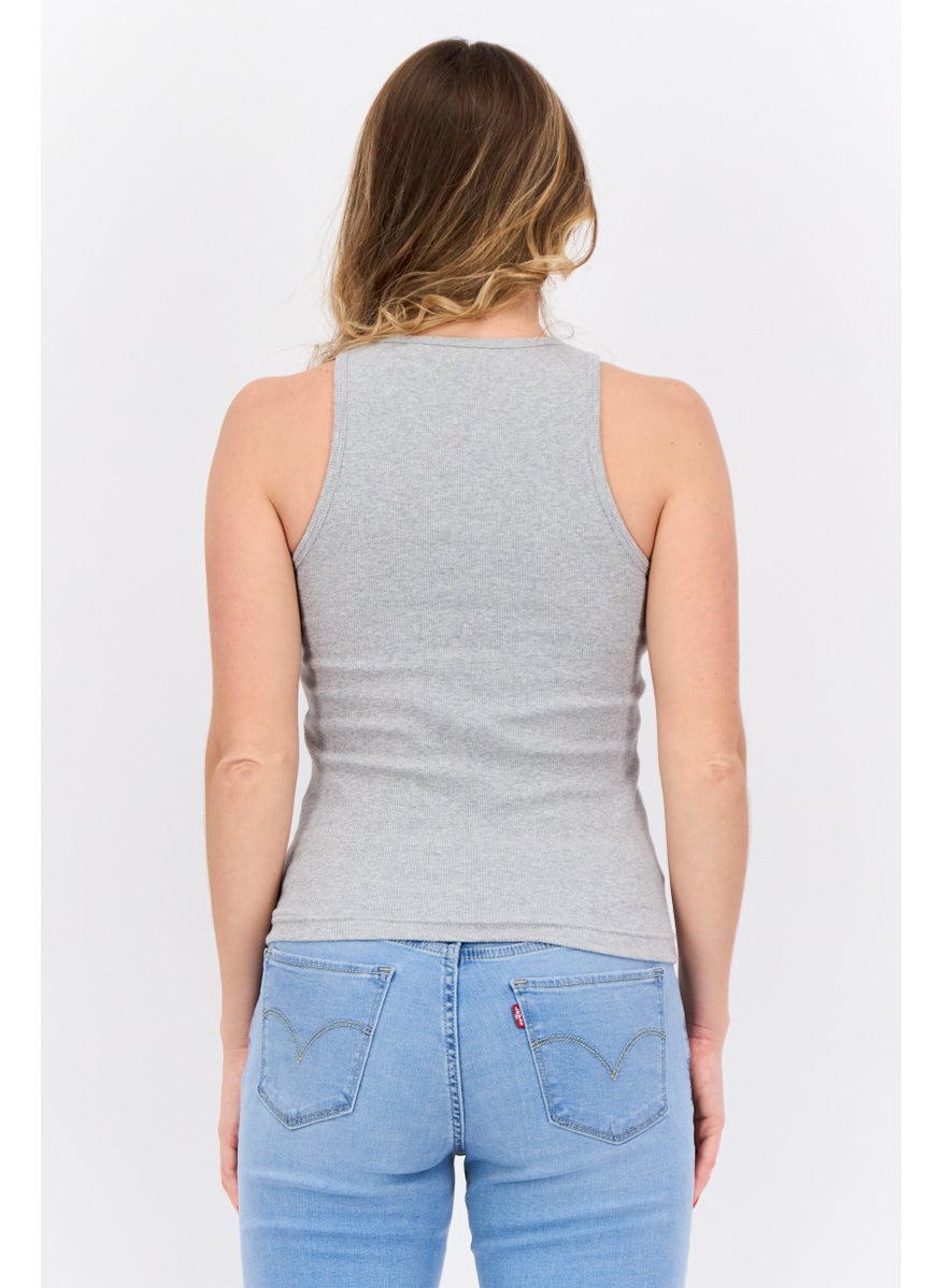 Women Round Neck Sleeveless Embroidered Logo Tank Top, Grey
