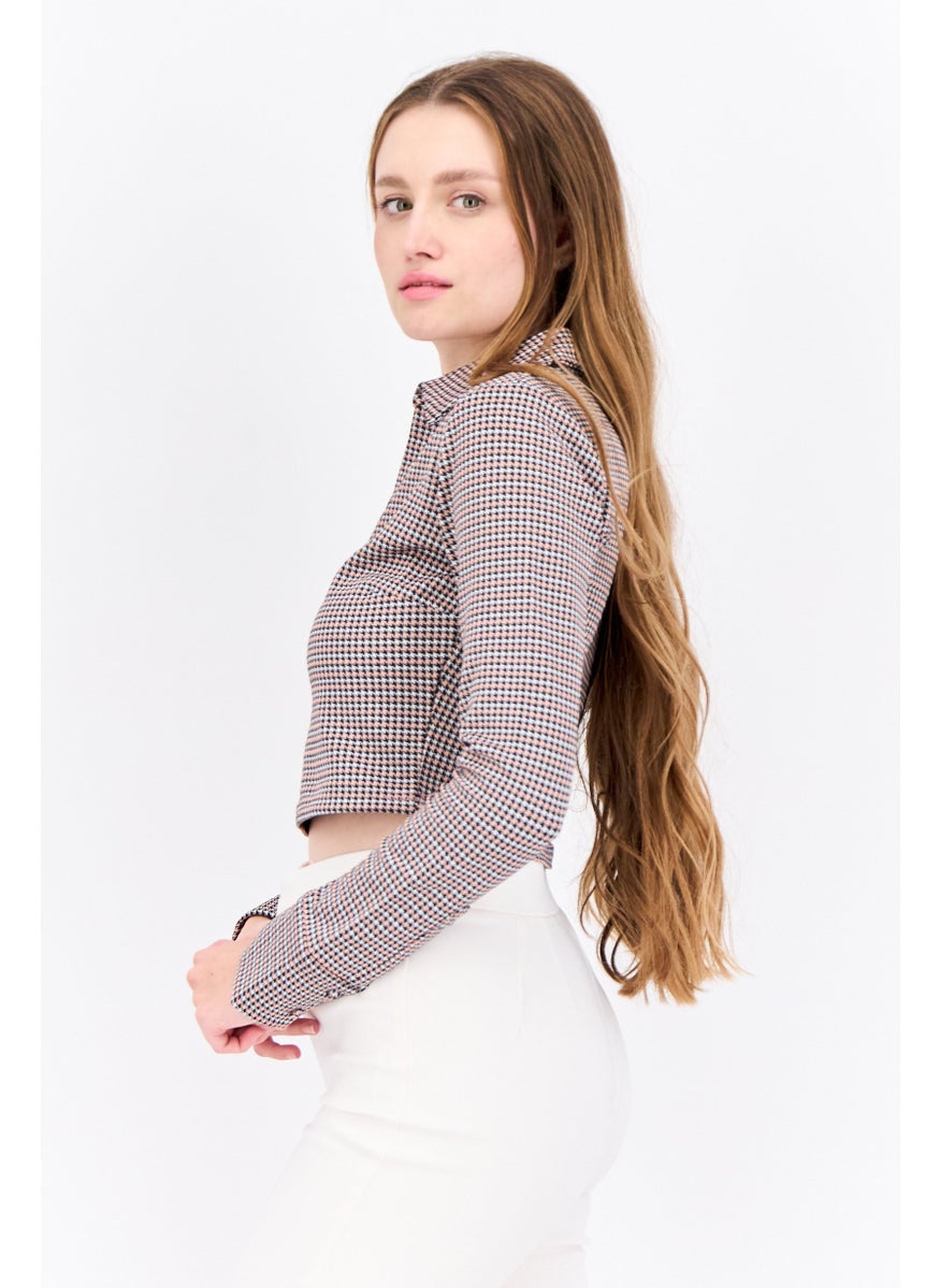 Women Spread Collar Long Sleeves Jacquard Pattern Crop Top, Pink