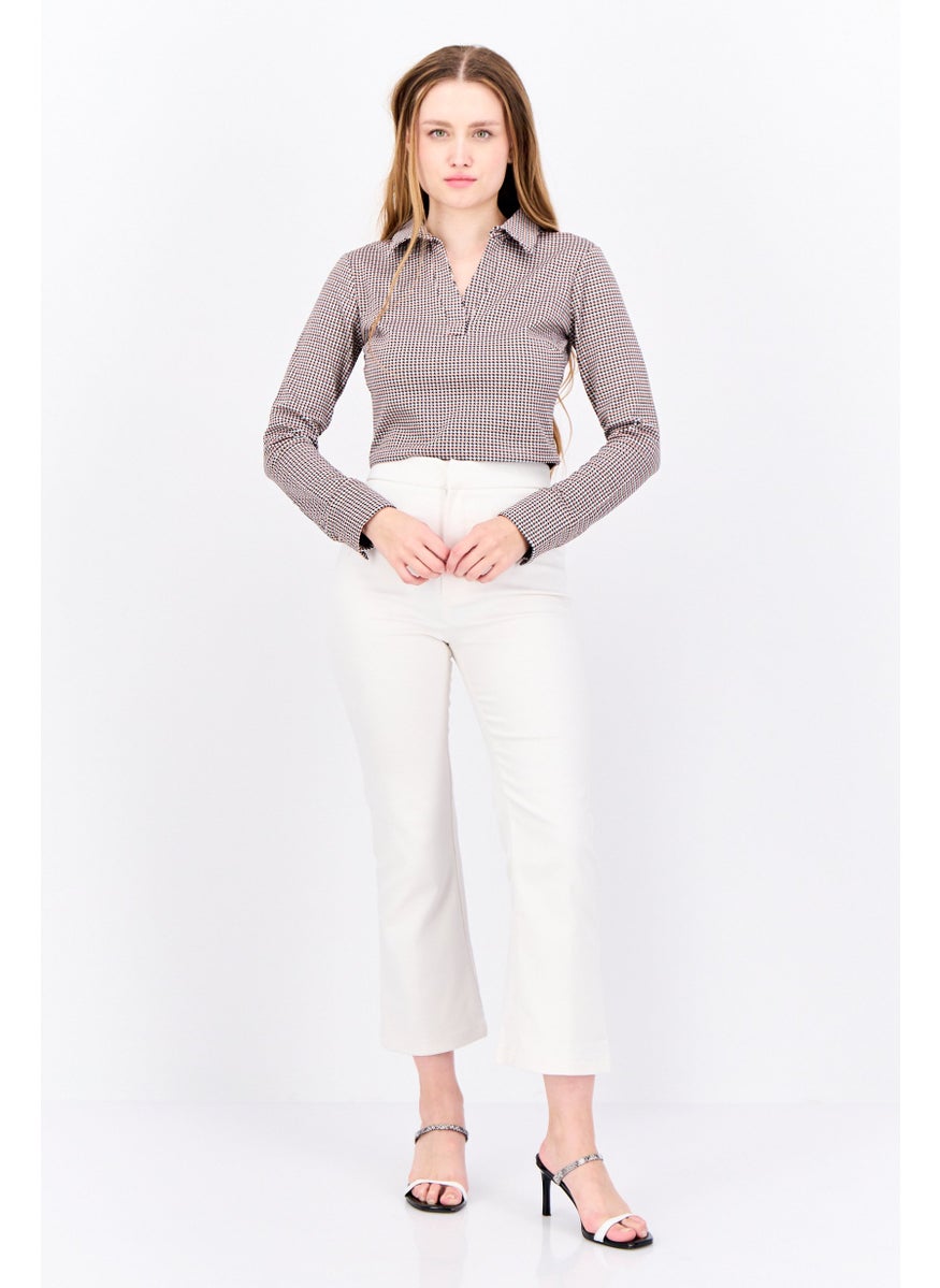 Women Spread Collar Long Sleeves Jacquard Pattern Crop Top, Pink