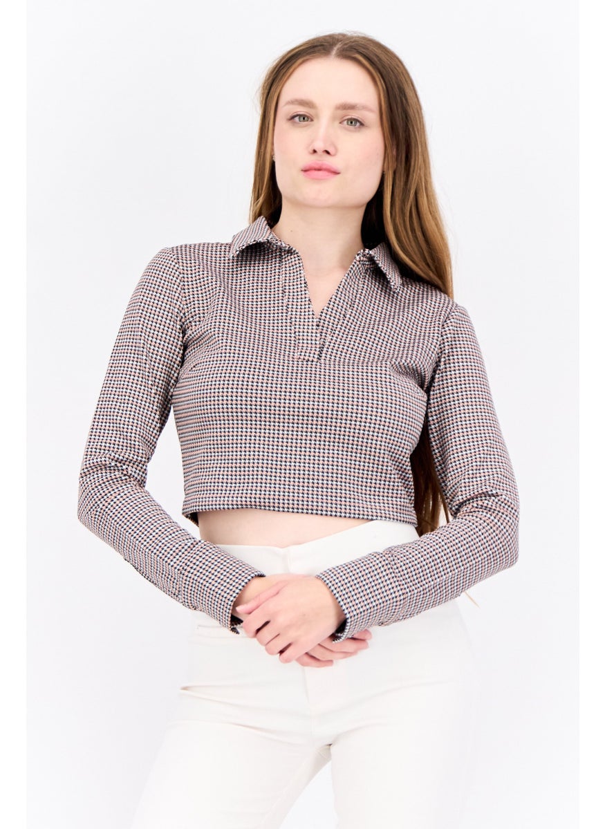 Women Spread Collar Long Sleeves Jacquard Pattern Crop Top, Pink