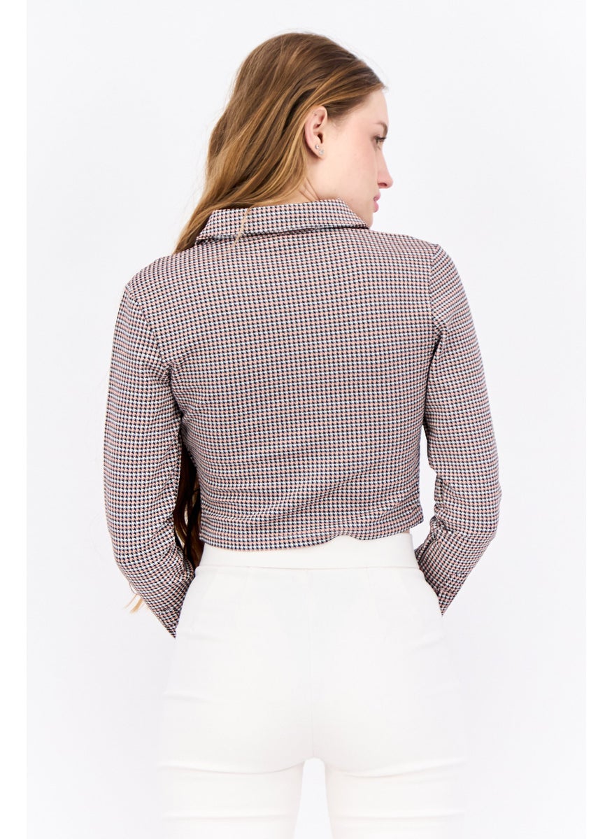 Women Spread Collar Long Sleeves Jacquard Pattern Crop Top, Pink