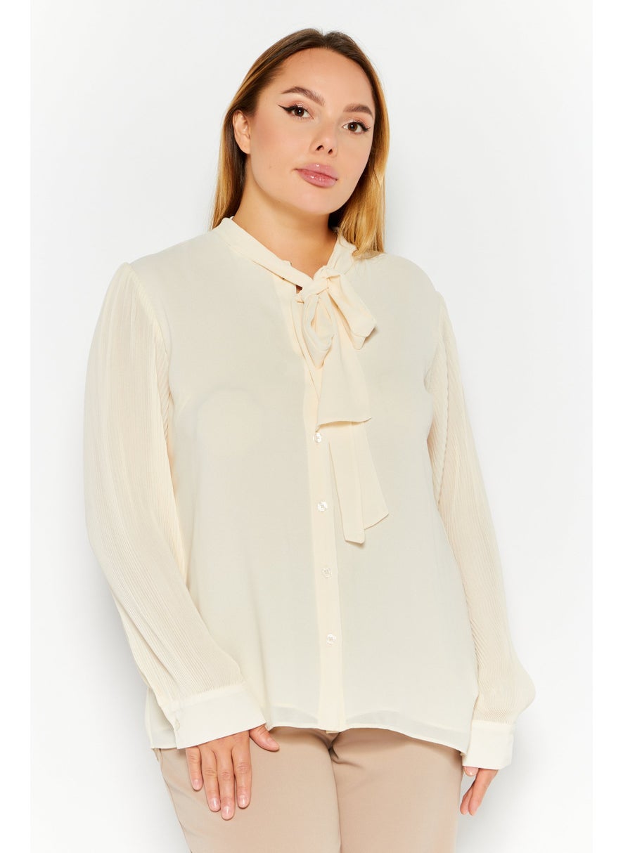 Women Tie Neck Long Sleeves Textured Blouse, Beige