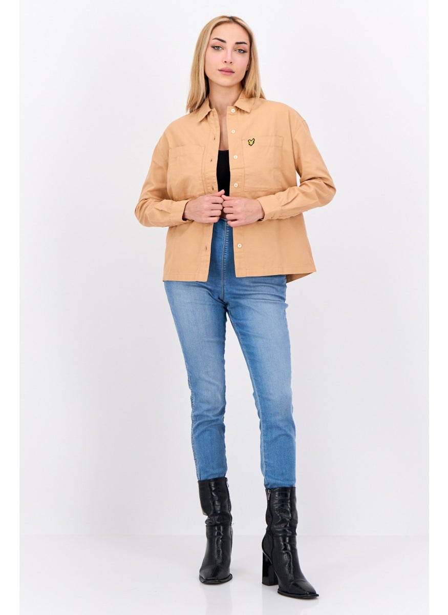 Women Spread Collar Long Sleeve Embroidered Logo Shirt, Tan