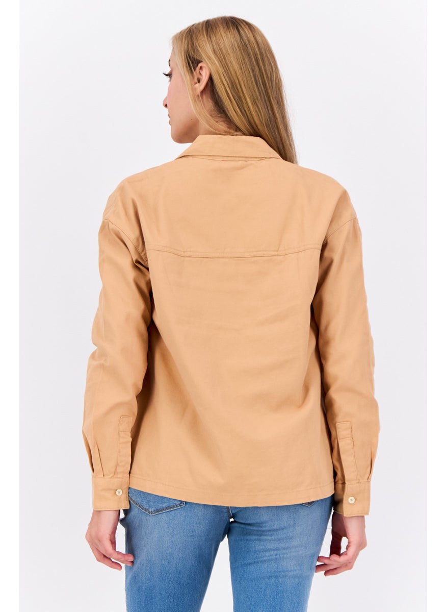 Women Spread Collar Long Sleeve Embroidered Logo Shirt, Tan