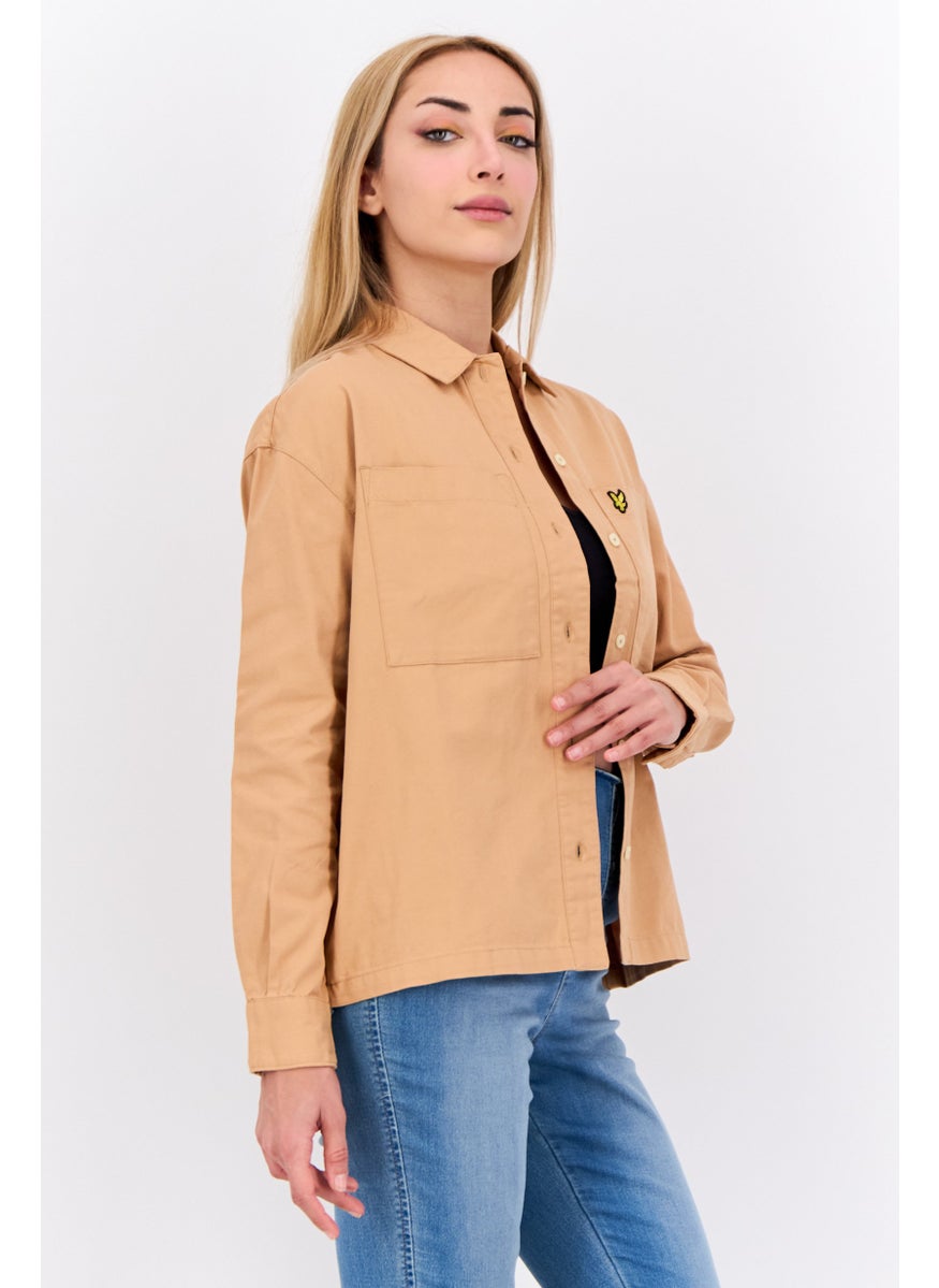 Women Spread Collar Long Sleeve Embroidered Logo Shirt, Tan